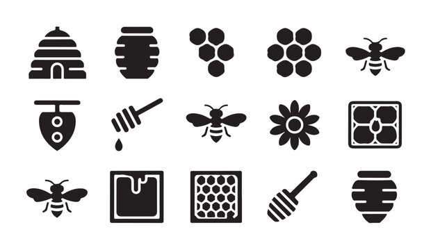 Beehive icons set with honey dipper and flowers symbol for beekeeping agriculture concept.