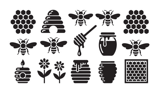 Honey production icons including hive jars flowers and honeycomb patterns for local farming.