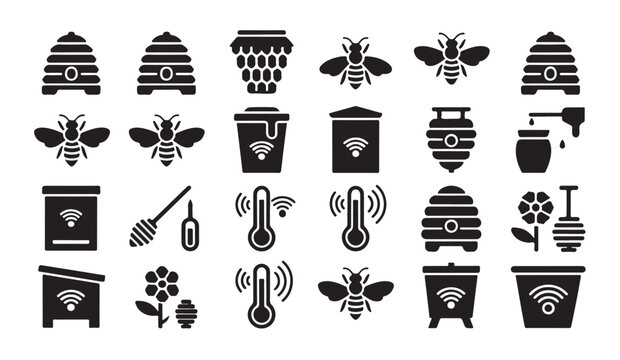 Smart beekeeping technology icons featuring wifi sensors and temperature monitoring systems.
