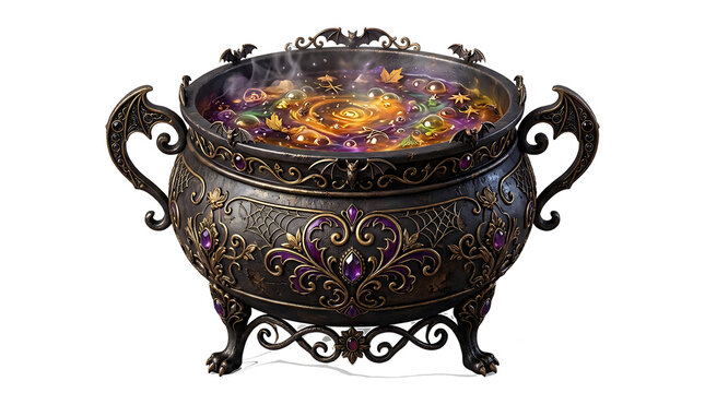 Antique cauldron with burning flames and smoke. Vintage iron pot for Halloween rituals, magic spells, or witchcraft decor.