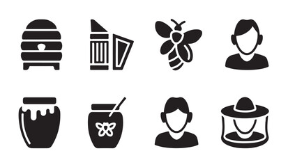 Professional beekeeper icons featuring protective clothing smoker honey jars and bees set. © RANA