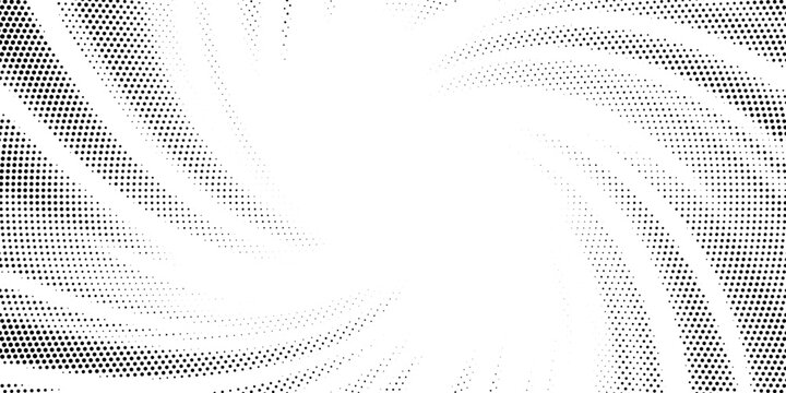 Black radial halftone background. Circle dotted noise gradient texture. Concentric fading center gradation wallpaper. Grunge rough gritty overlay. Circular grain pop art cartoon comic backdrop. Vector
