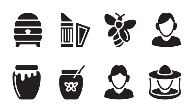 Professional beekeeper icons featuring protective clothing smoker honey jars and bees set.