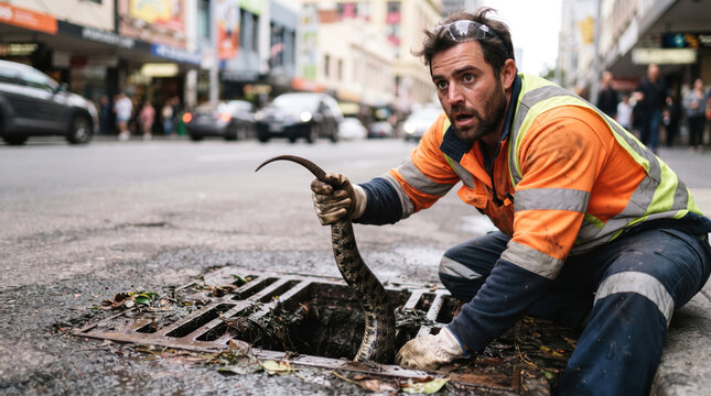 Construction Worker Pulling Snake Out of City Street Storm Drain