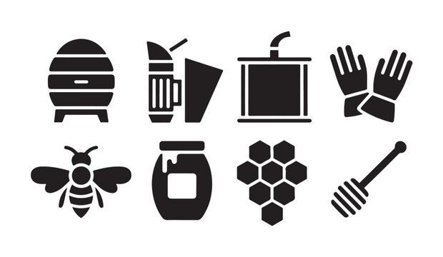 Beekeeping tools, honey production, and bee farming equipment vector icon set.