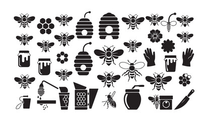 Black and white beekeeping icon set, vector illustration of bee farm equipment collection. © RANA