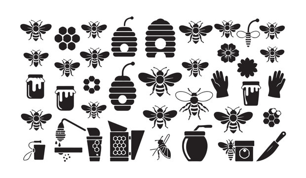 Black and white beekeeping icon set, vector illustration of bee farm equipment collection.