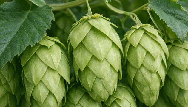 Fresh green hop cones hanging on a vine with leaves used for brewing beer in a garden setting during the summer harvest season
