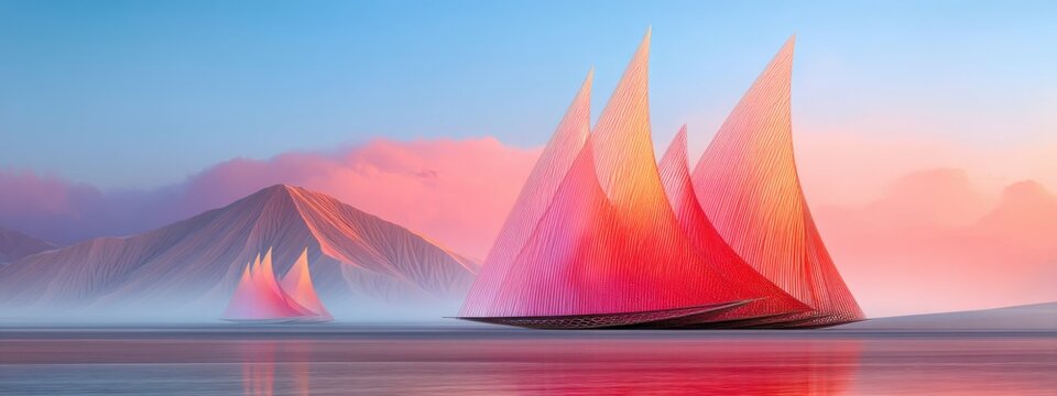 Ultra wide panorama of a vast red desert, giant translucent sails collecting morning mist and turning it into glowing water droplets, soft sunrise light