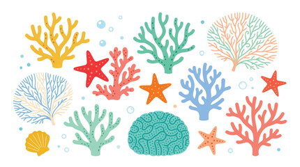 Colorful coral reef collection with sea sponges and starfish, underwater marine life vector set, hand drawn aquatic ocean elements © usman