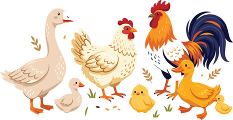 Cute farm birds vector set featuring cartoon rooster hen duck goose chick and duckling domestic poultry livestock illustrations. © Mijanur