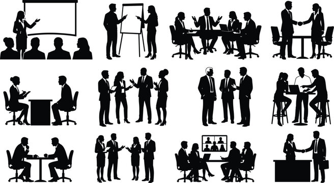 Corporate business people silhouettes set vector for office team meeting presentation conference training seminar interview deal handshake video call strategy planning element
