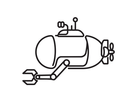Submarine with a robotic arm depicted in a continuous line art style isolated on a white background for marine research concepts.
