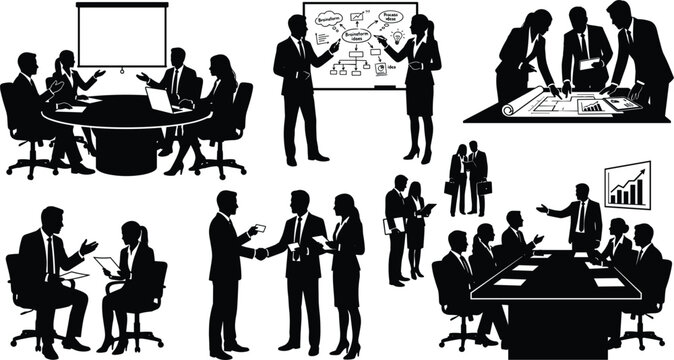 Business people meeting silhouettes set vector design for corporate management team presentation conference training seminar handshake interview workflow strategy planning and collaboration