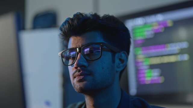 Close up of young Male Programmer with colorful program code reflection in glasses looking at monitor, focused coder in dark blue office.
