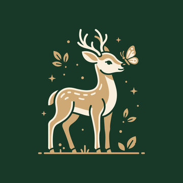 Gentle deer with butterfly illustration in nature.