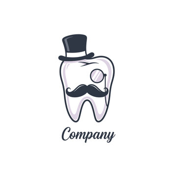 Gentleman tooth mascot logo with mustache and top hat.