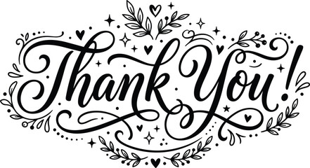 Thank you hand drawn lettering vector illustration text with floral botanical elements hearts and stars decorative design for greeting card wedding appreciation message banner template © MstKhyrun