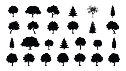 Trees collection features various deciduous and coniferous silhouettes arranged in a structured grid pattern. © Sadee Girl