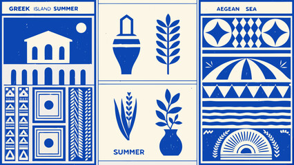 Geometric floral ornament and architectural elements in a blue and white vector illustration ancient greece aegean architecture © Kapil