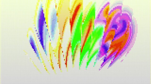 Vibrant abstract colorful pixelated gradient burst with a heart-like purple form and fiery yellow-orange streaks motion background 4k animated video, perfect for creative media art, presentation, etc.