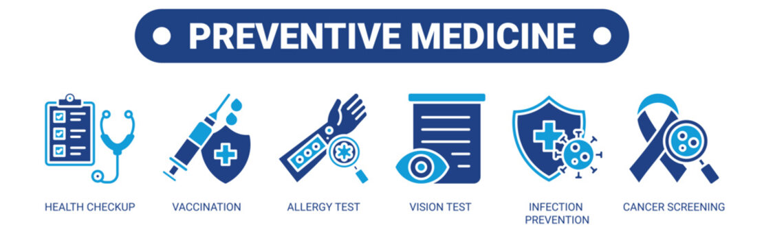 Preventive Medicine web banner icon vector illustration concept with icons of health checkup, vaccination, allergy test, vision test, infection prevention, and cancer screening. 
