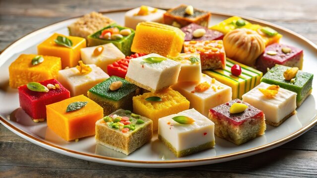 A colorful mix of traditional indian sweets including burfi arranged artfully on a pristine white plate