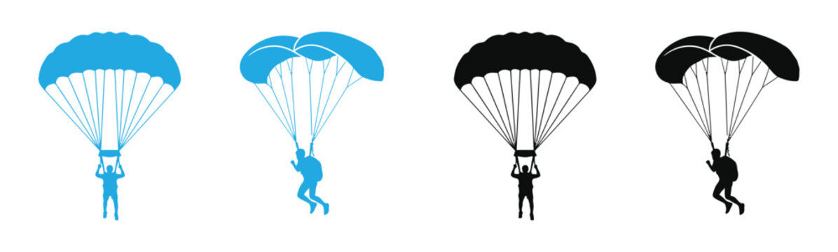 Parachute icons in blue and black, Skydiving silhouettes with parachutes vector illustration .