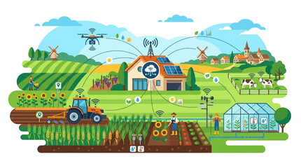 Fototapeta premium Modern smart farm technology integrates drones, sensors, and automated systems for efficient agricultural production within a vibrant rural landscape under a clear blue sky