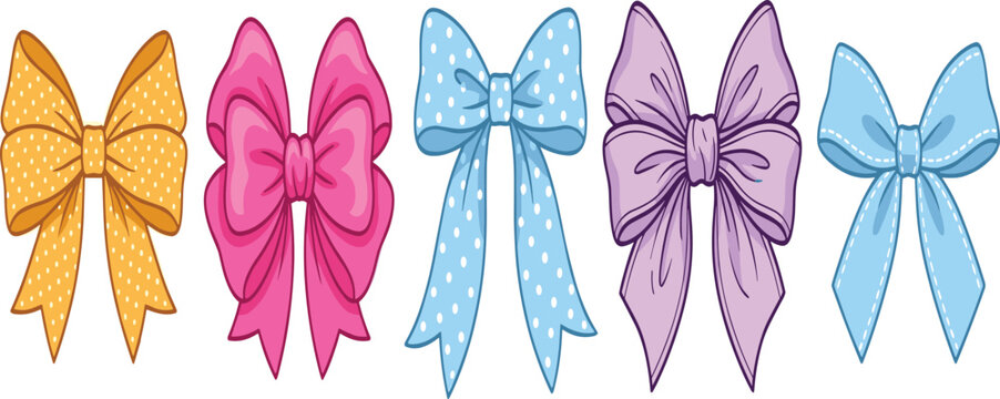 Cute colorful ribbon bow vector illustration set featuring decorative polka dot pattern and stitched outline details for girly design projects