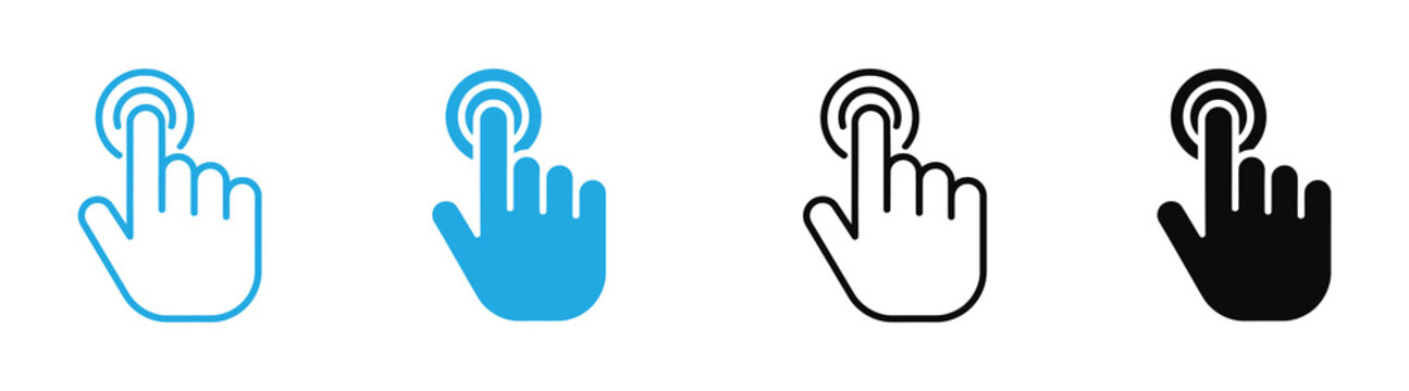 Hand cursor icons Four stylized  in blue and black on white background for web and UI design vector illustration .