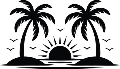 Tropical island scene with palm trees and sunset over water with birds flying around © MD HASAN