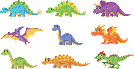 Cute cartoon dinosaurs and dragons vector set with colorful prehistoric animal characters for kids nursery © mdtaleb