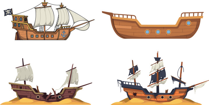  Nautical ship silhouette vector icons with geometric pirate galleon and shipwreck logo emblems