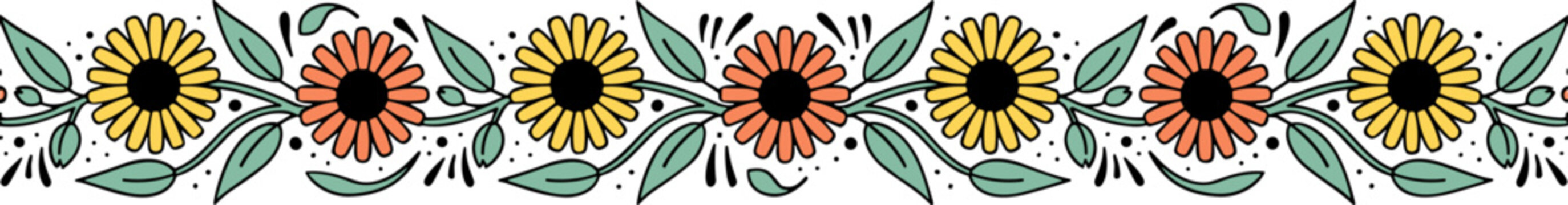 Decorative floral border with alternating sunflowers and daisy-like flowers in flat design style