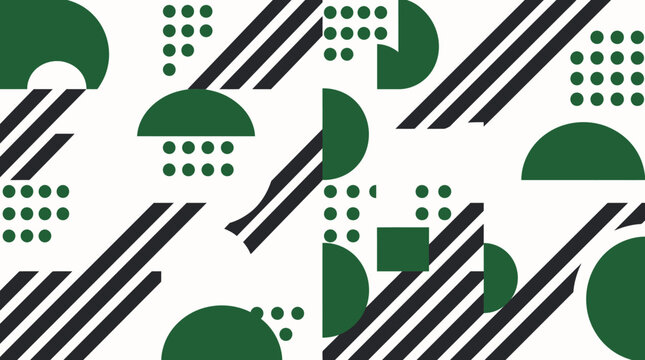 Abstract geometric pattern with green circles semicircles and diagonal stripes on white.