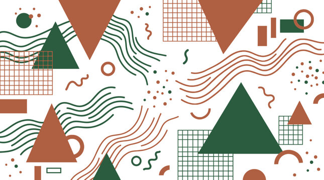 Abstract memphis background with green triangles brown grids and wavy lines on white space.