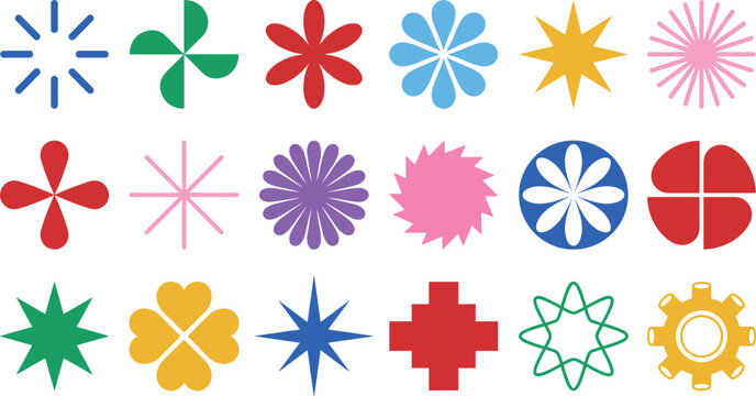 Brutalist geometric symbol vector set with flat abstract starburst flower and sticker badge design elements