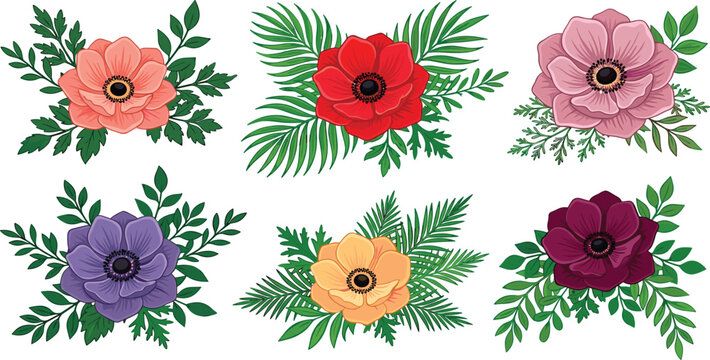 Elegant anemone floral bouquet vector illustration collection featuring colorful red purple pink peach blossoms and green palm leaves arrangements