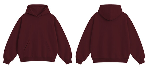 Plain Dark Red Oversized Blank Hoodie Mockup Front and Back View Isolated on Transparent Background © Daily Mockups