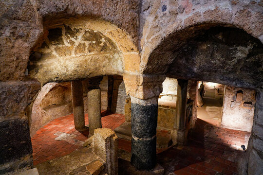 Ancient underground hypogeum and catacombs beneath the Basilica of Saint Antiochus (Basilica di Sant'Antioco Martire) in Sardinia, Italy