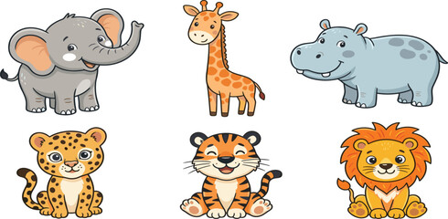 Cute cartoon baby safari jungle animal vector illustration collection featuring adorable elephant giraffe hippo leopard tiger lion cub characters © Mijanur