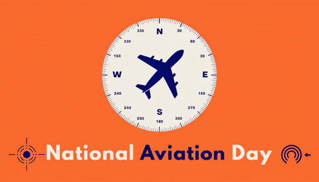 National Aviation Day, airplane icon, compass navigation, aviation symbols, orange background