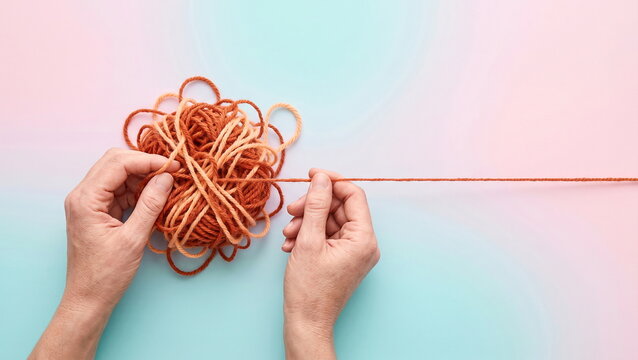 Yarn, hands untangling messy brown and orange yarn ball, pulling straight thread on soft gradient background, symbolizing problem-solving.