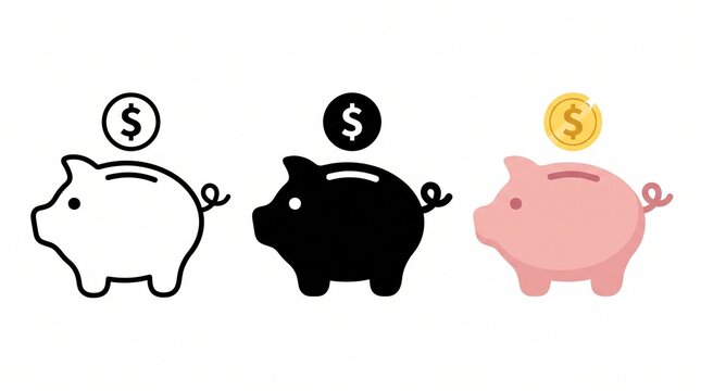 Create a clean, modern vector illustration featuring three piggy bank icons displayed side by side on a pure white background, representing different visual design styles for financial savings. The fi