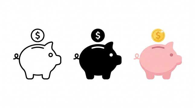 Create a clean, modern vector illustration featuring three piggy bank icons displayed side by side on a pure white background, representing different visual design styles for financial savings. The fi