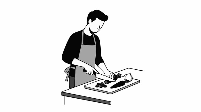 Illustration of a person preparing food, chopping vegetables on a cutting board