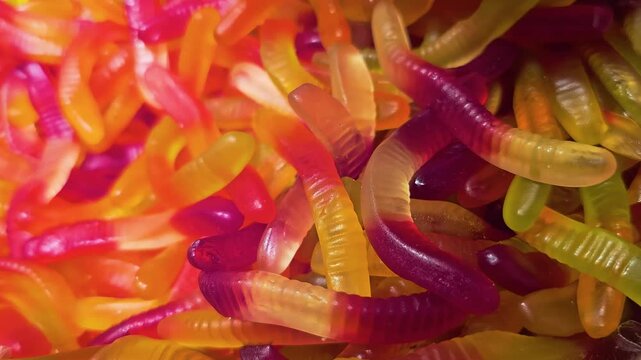 Vibrant candy store close-up showing gummy worms in assorted fruit colors, with glossy gelatin surfaces, shallow focus, warm lighting, and playful sweets display for snack food videos.