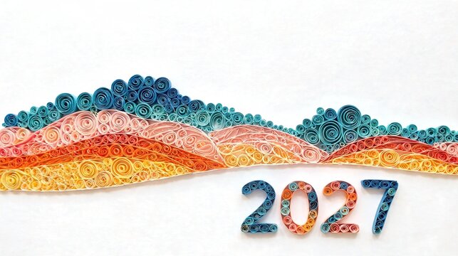 2027 intricate paper-quilling made from tightly rolled strips in cobalt teal coral and saffron