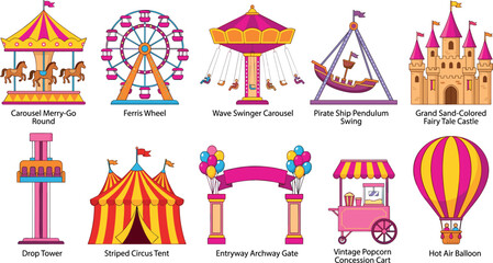 Amusement park ride vector set with cartoon carnival carousel ferris wheel circus tent and castle clipart © mdtaleb